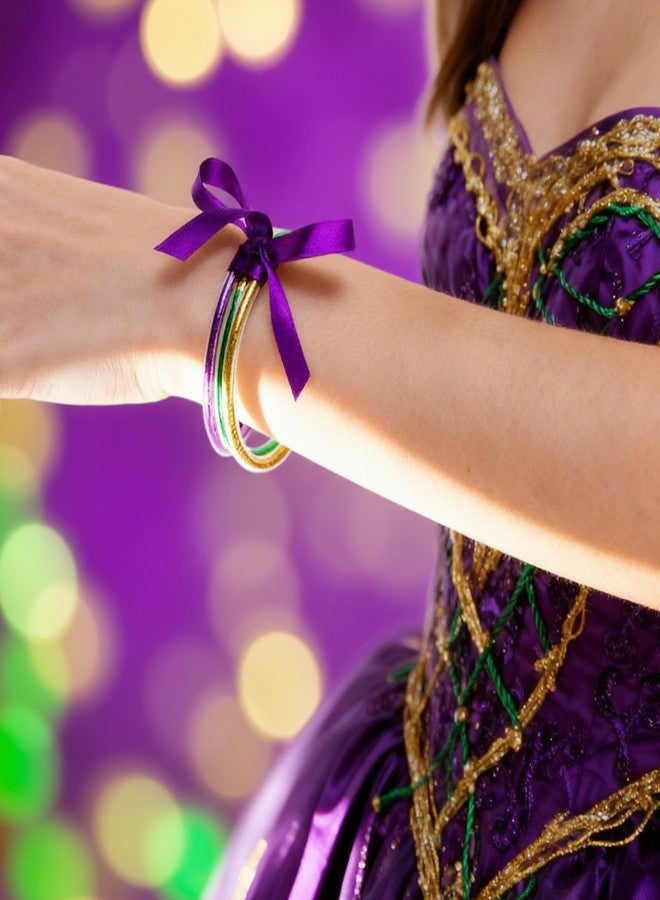 RunNico 12 Pcs Mardi Gras Jelly Bangles, Mardi Gras Glitter Bracelets with Bowknot, Purple Green Gold Jelly Bangles for Festival Parade Party Favors Costume Accessories - Image 4